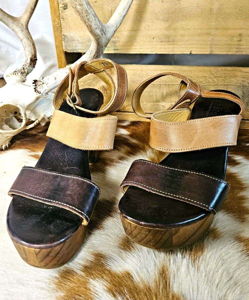 Bed Stu Sophie Multi Brown Tan Leather Ankle Strap Wood Platform Sandals Sz 7.5